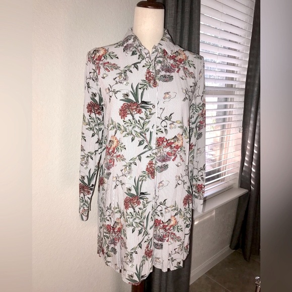 Entro Floral Shirt Dress Button Down Popover Collared Medium Pockets Tab Sleeves - Picture 14 of 15